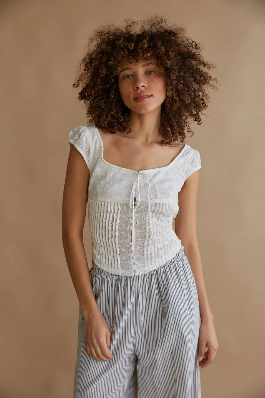 Fern Pleated Eyelet Button Up Blouse