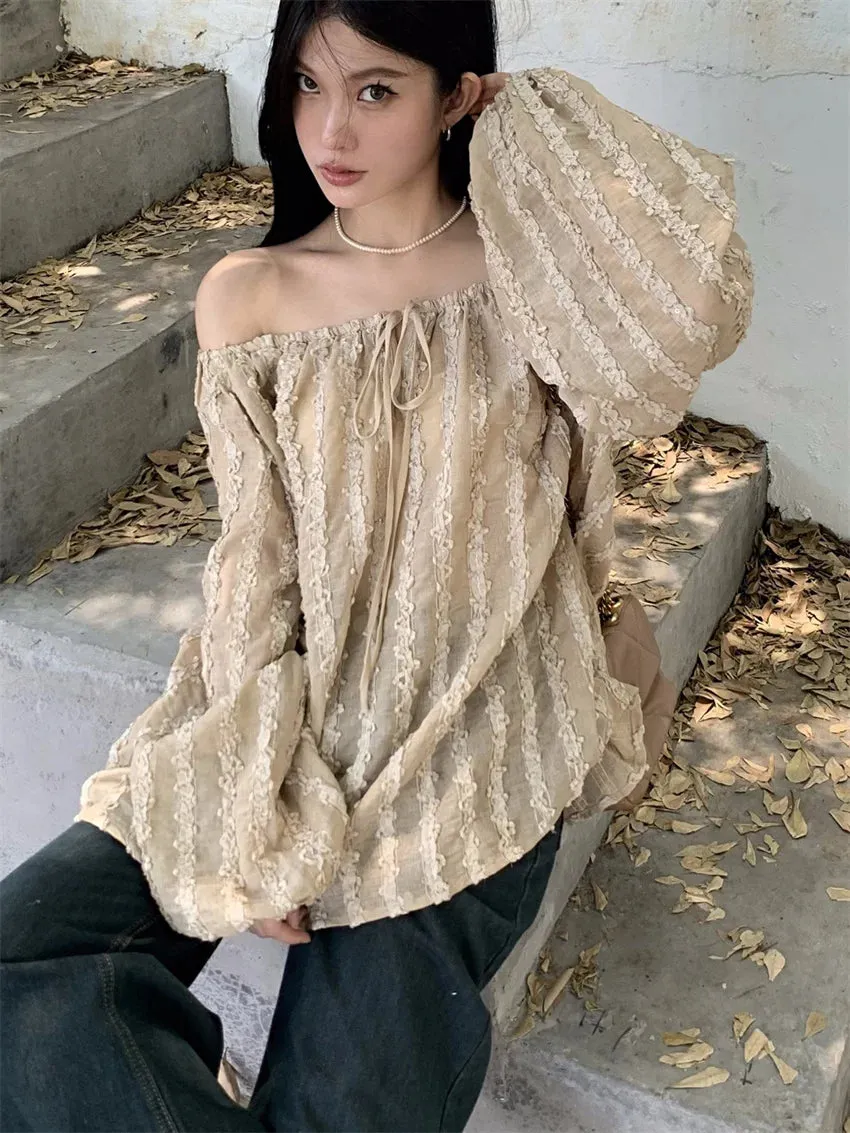 Girlary Fashion Lantern Sleeve Blouses Women Summer Casual Chic 2024 Loose Vintage Mujer Slash Neck Vacation Off Shoulder Beach