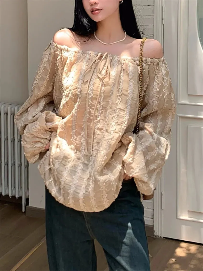 Girlary Fashion Lantern Sleeve Blouses Women Summer Casual Chic 2024 Loose Vintage Mujer Slash Neck Vacation Off Shoulder Beach