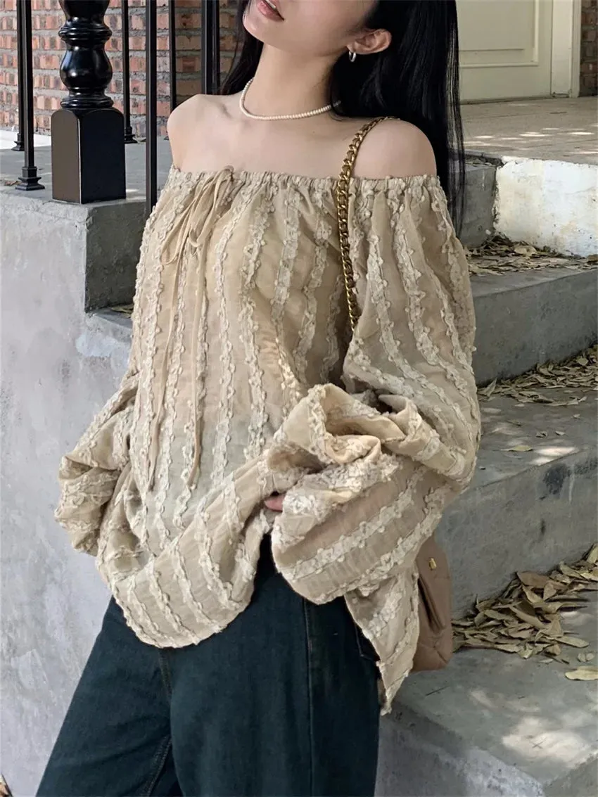 Girlary Fashion Lantern Sleeve Blouses Women Summer Casual Chic 2024 Loose Vintage Mujer Slash Neck Vacation Off Shoulder Beach