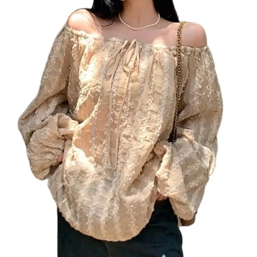 Girlary Fashion Lantern Sleeve Blouses Women Summer Casual Chic 2024 Loose Vintage Mujer Slash Neck Vacation Off Shoulder Beach