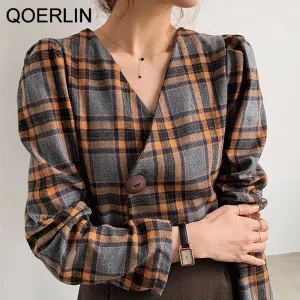 Graduation Gifts 3XL Women's Elegant Blouse Plus Size Vintage Sexy V-Neck Plaid Crop Top Shirts Women's One Button Jacket Shorts Blouse