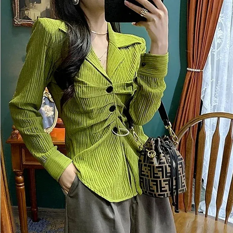 Green Tight Shirt Women Vintage Slim Beautiful Blouses Y2k Retro Long Sleeve Chic Top Aesthetics Streetwear Clothes