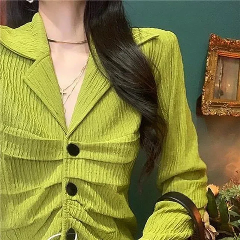 Green Tight Shirt Women Vintage Slim Beautiful Blouses Y2k Retro Long Sleeve Chic Top Aesthetics Streetwear Clothes