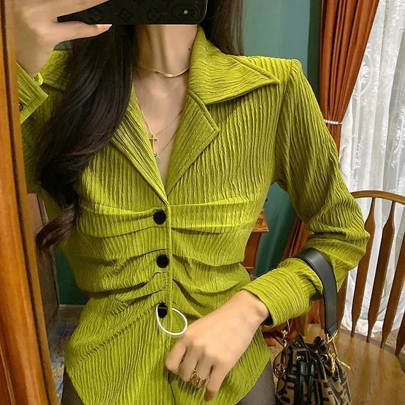 Green Tight Shirt Women Vintage Slim Beautiful Blouses Y2k Retro Long Sleeve Chic Top Aesthetics Streetwear Clothes