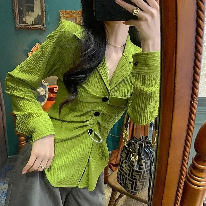 Green Tight Shirt Women Vintage Slim Beautiful Blouses Y2k Retro Long Sleeve Chic Top Aesthetics Streetwear Clothes