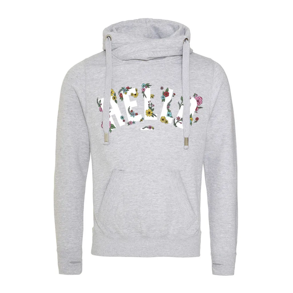 Grey Floral Hello Cowl Neck Hoodie