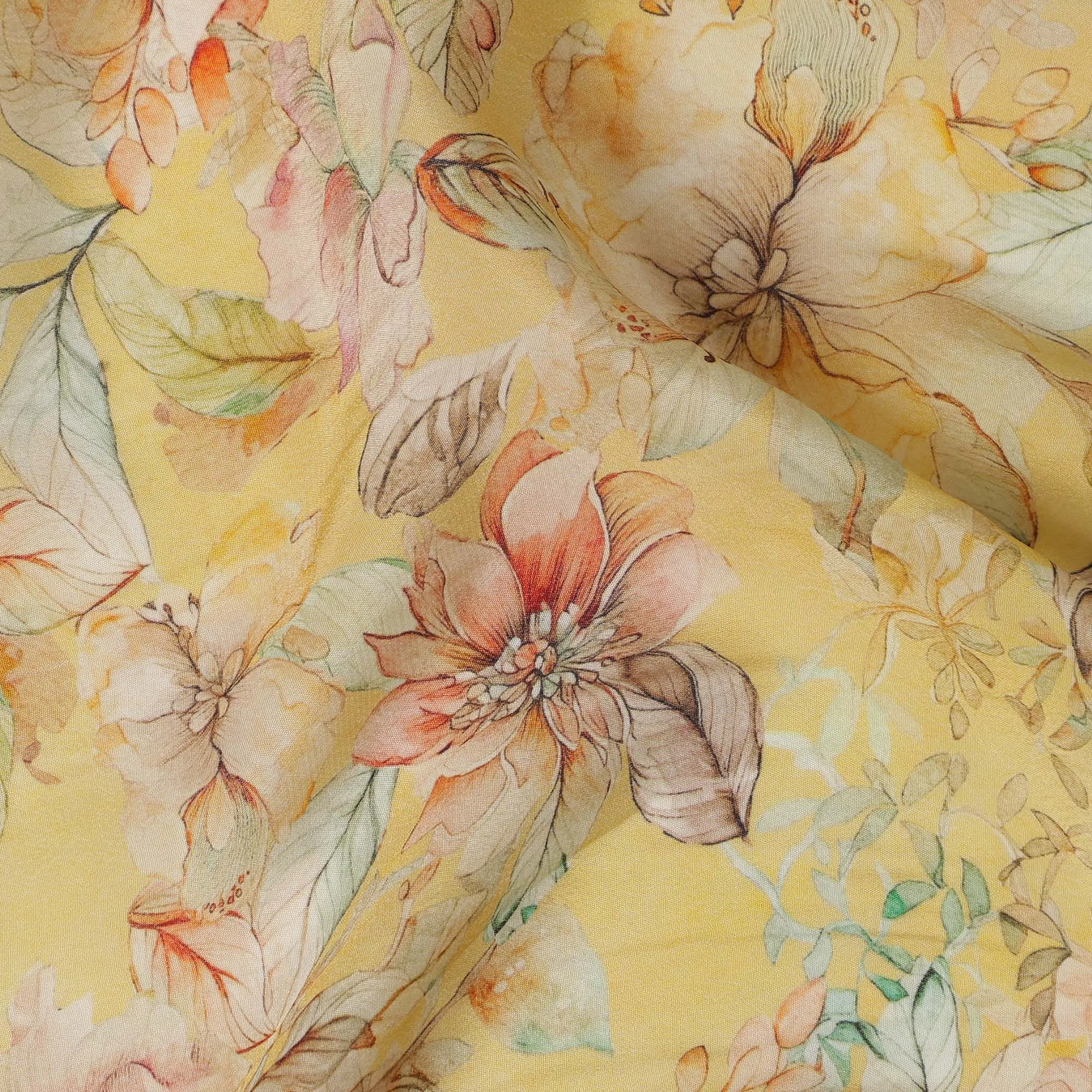 Lemon Yellow Viscose Digital Printed Fabric with Floral Design, 110 cm Width-D21314