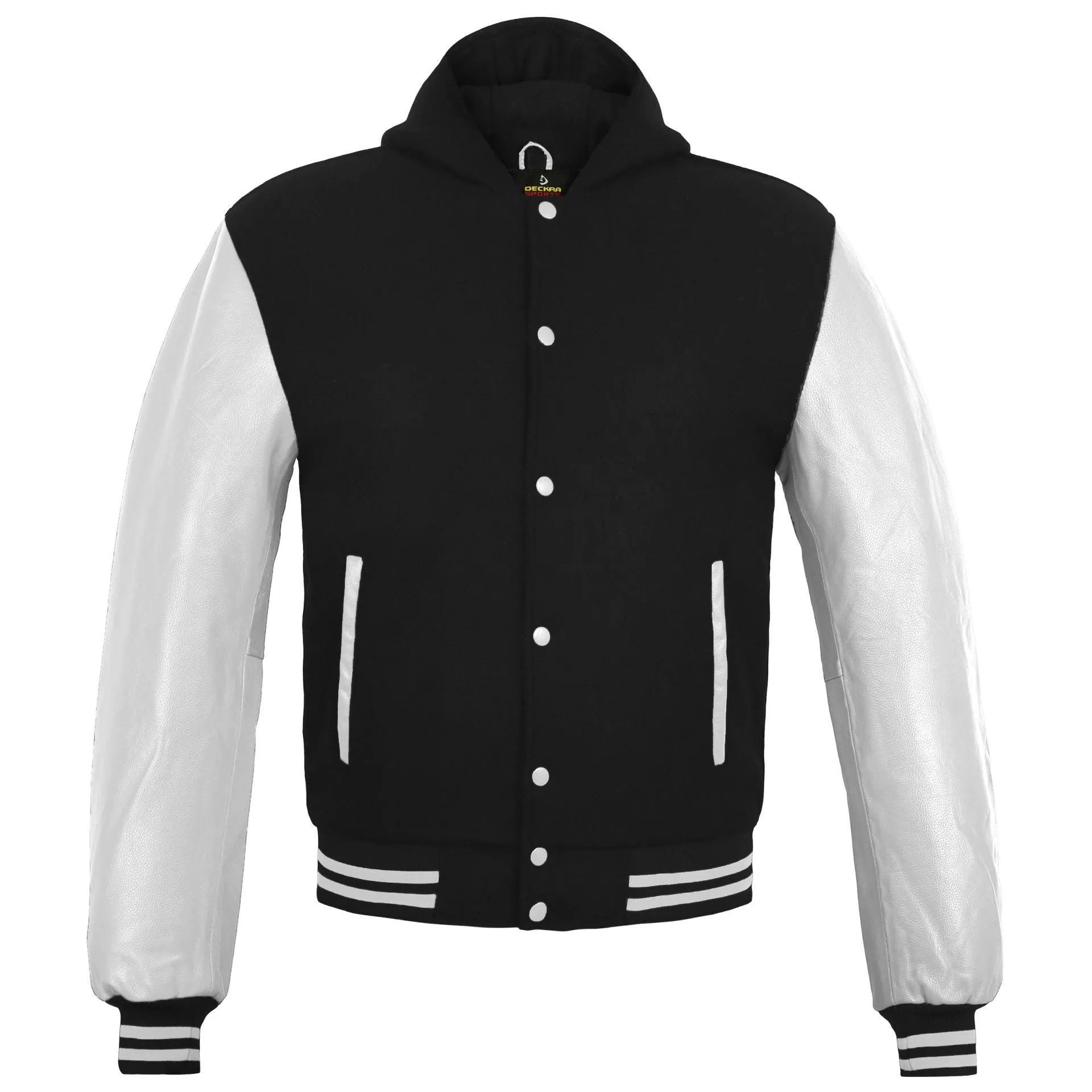 Mens Hoodie Wool body Genuine Cowhide Leather Arm Sleeves College Letterman Varsity Hoodie Black/White