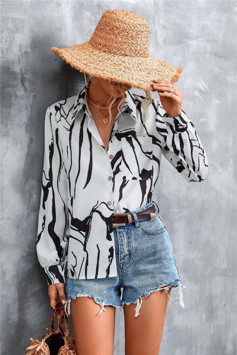 Printed Button Down Long Sleeve Shirt