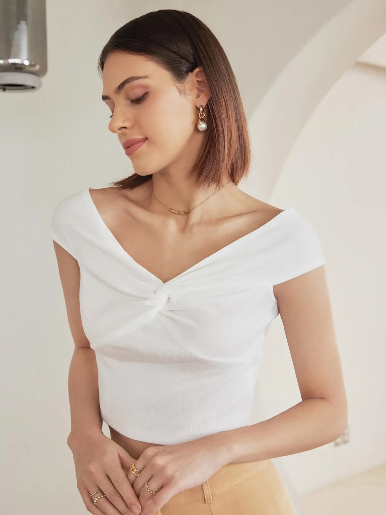 Ruched Twist V Neck Crop Top