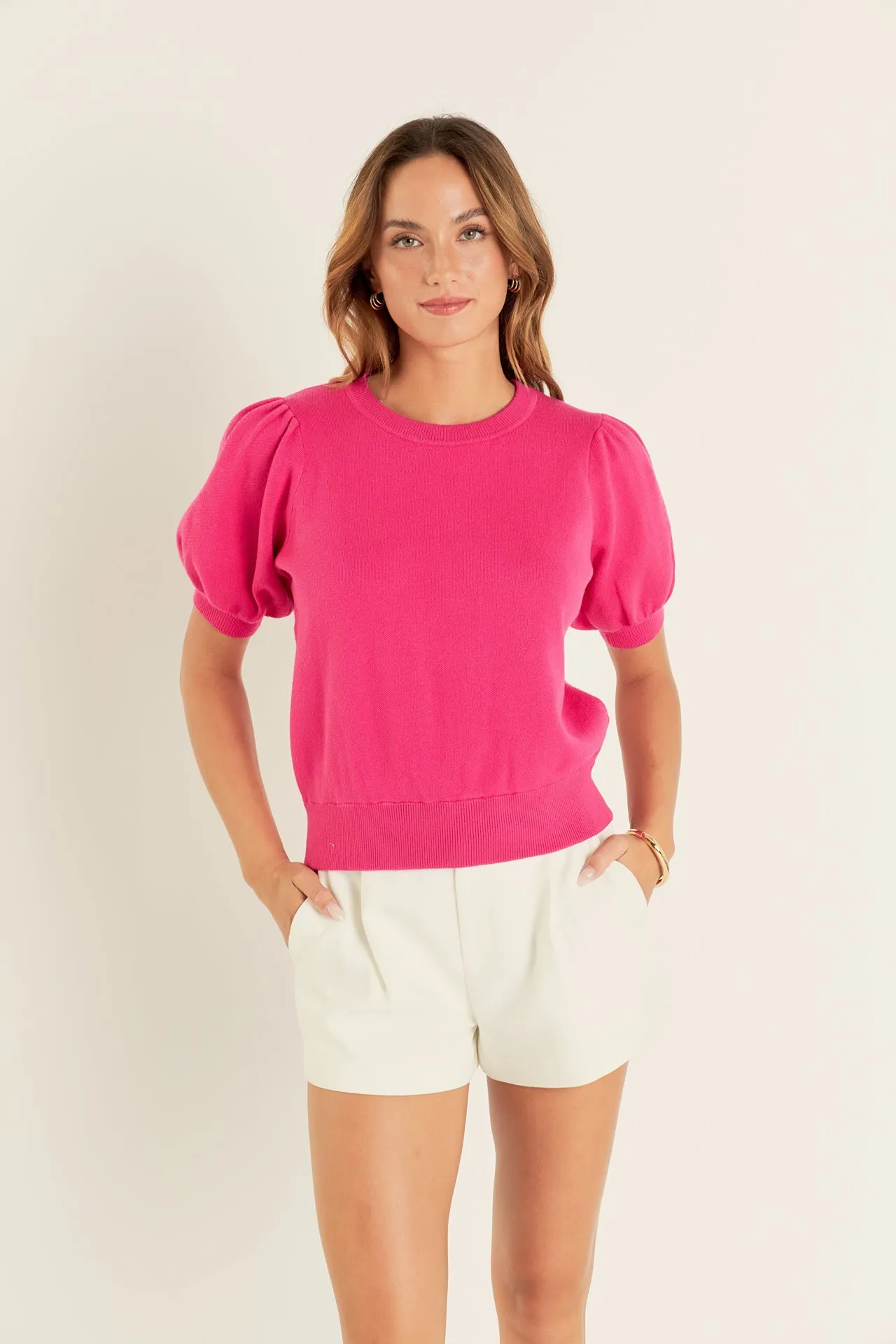 Short Puff Sleeve Knit Top