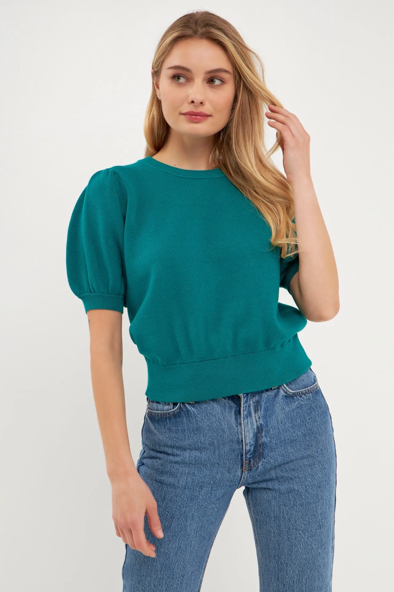 Short Puff Sleeve Knit Top