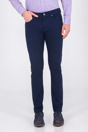 Slim Fit Low Waist Unpleated Cotton Blend Navy Casual Pants