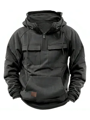 Solid Color Multi-Pocket Cargo Hoodie