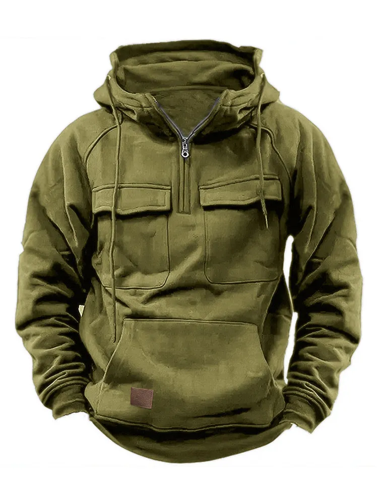 Solid Color Multi-Pocket Cargo Hoodie