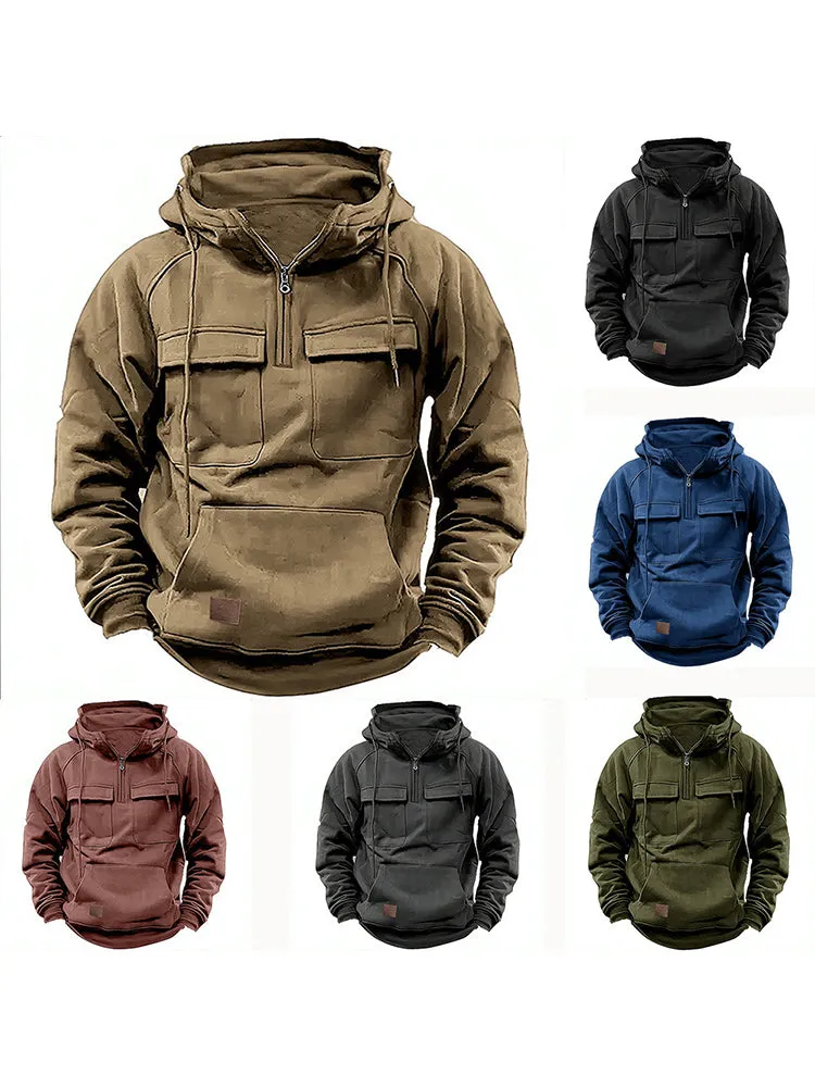 Solid Color Multi-Pocket Cargo Hoodie