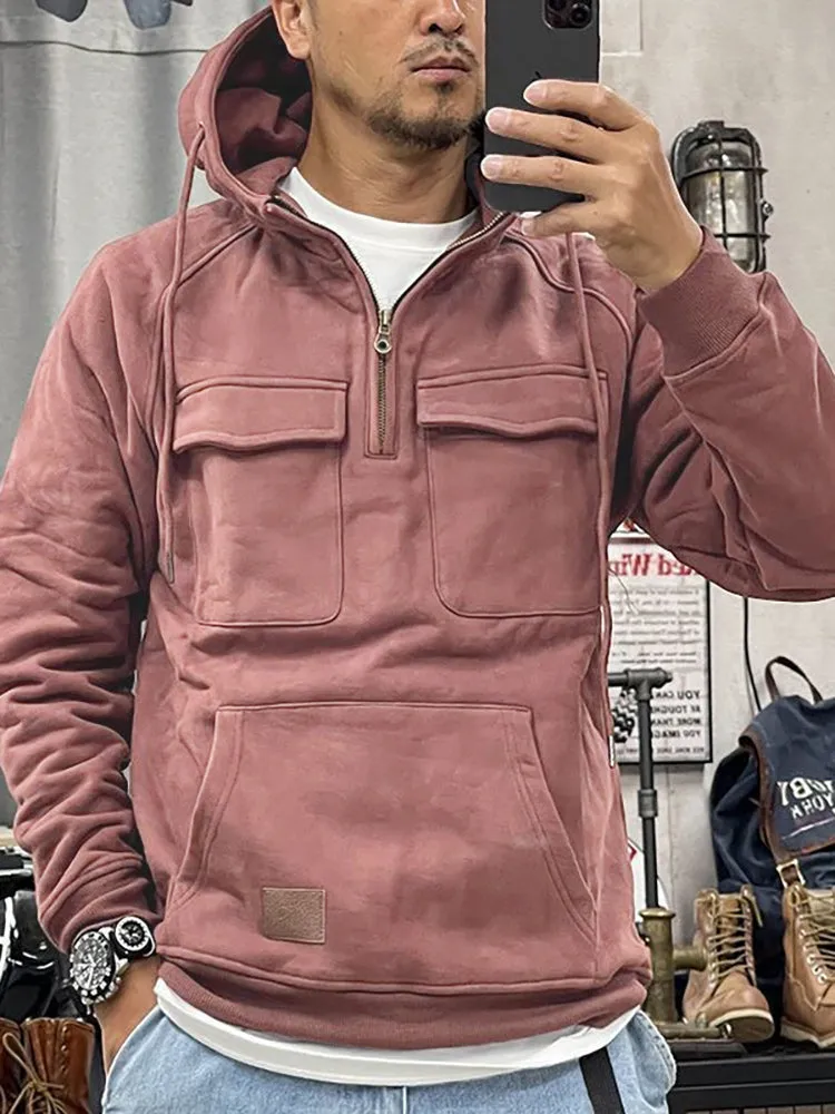 Solid Color Multi-Pocket Cargo Hoodie