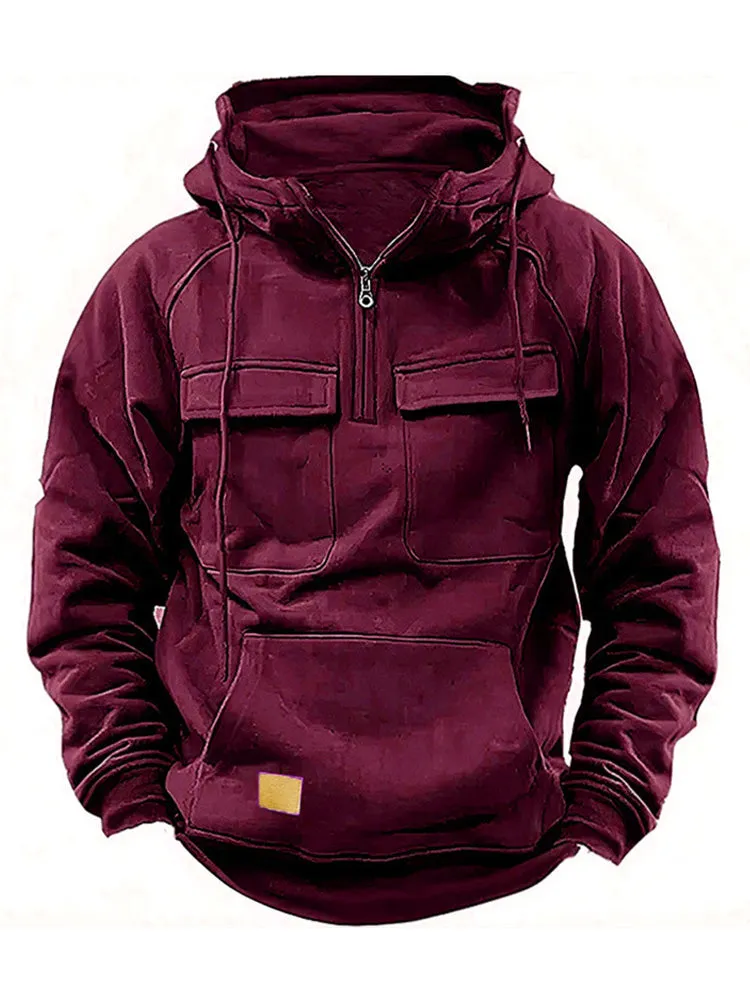 Solid Color Multi-Pocket Cargo Hoodie