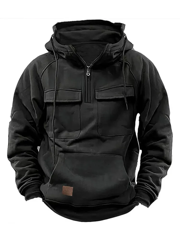 Solid Color Multi-Pocket Cargo Hoodie