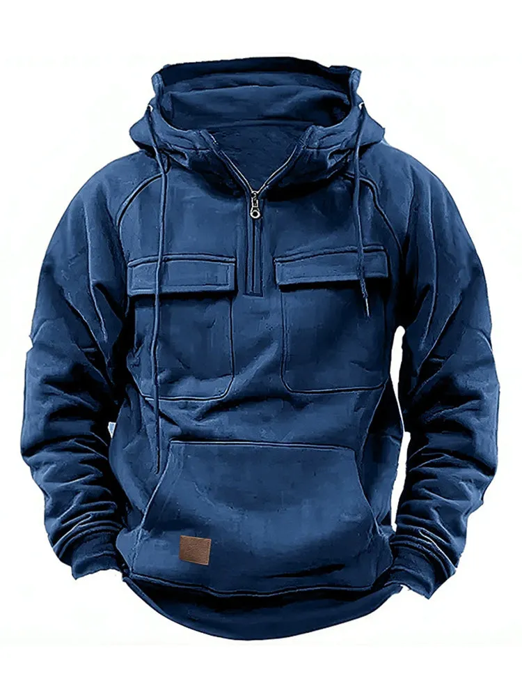 Solid Color Multi-Pocket Cargo Hoodie