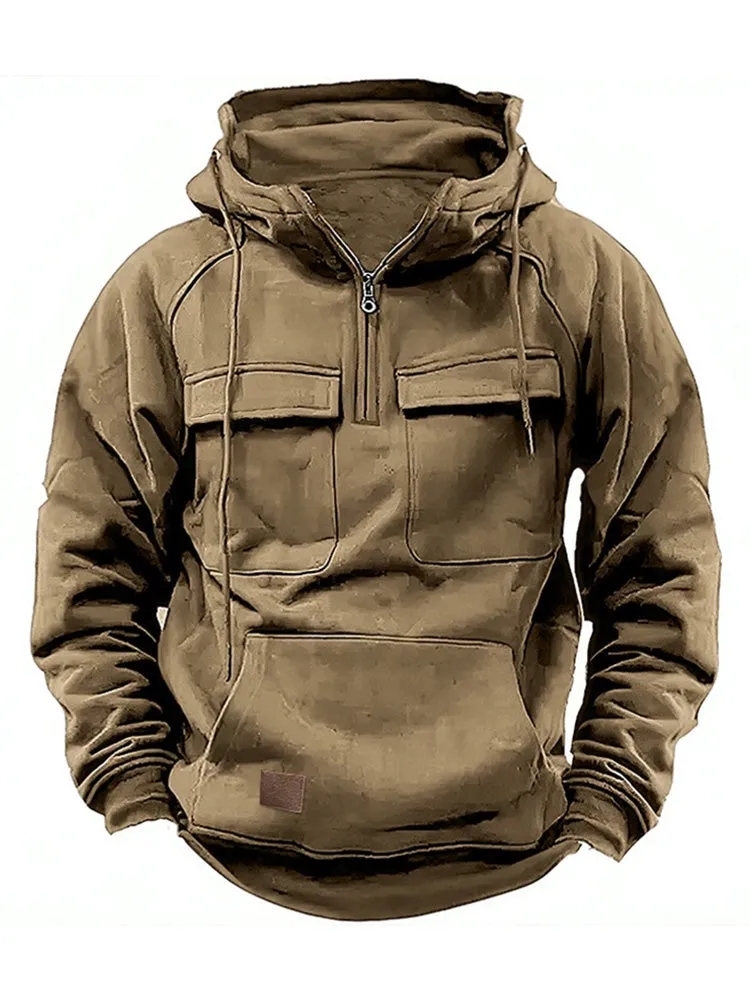 Solid Color Multi-Pocket Cargo Hoodie