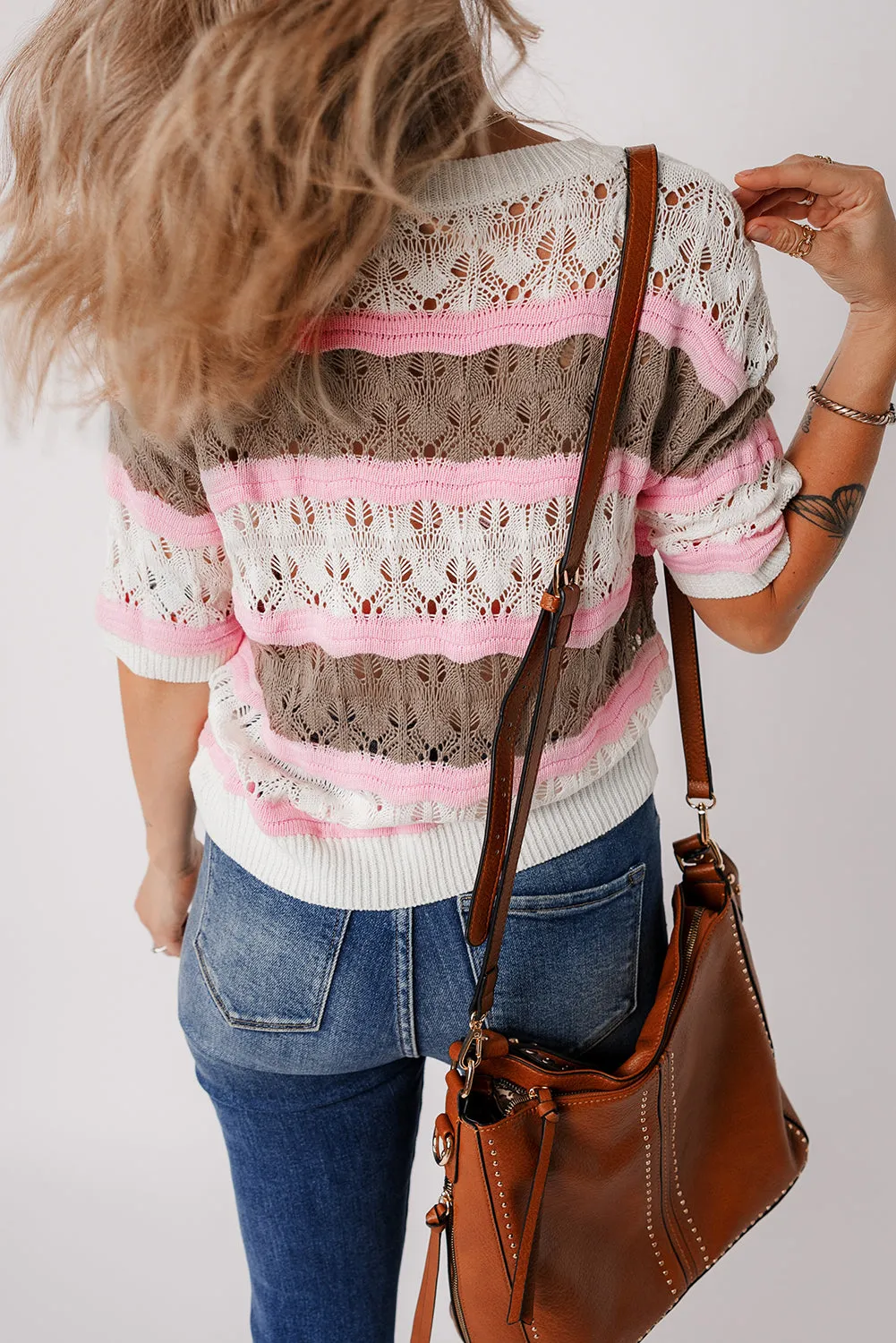 Stripe Crochet Short Sleeve Sweater