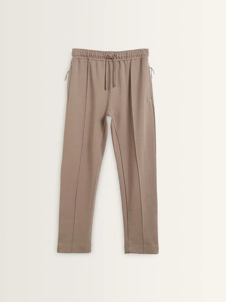 Studiofit Taupe Relaxed-Fit High-Rise Cotton Track Pants