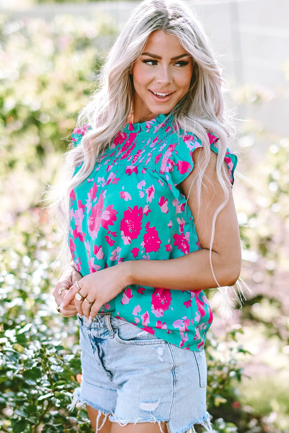 Sydney Ruffled Turquoise Floral Flutter Sleeve Blouse