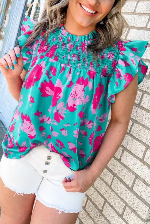 Sydney Ruffled Turquoise Floral Flutter Sleeve Blouse