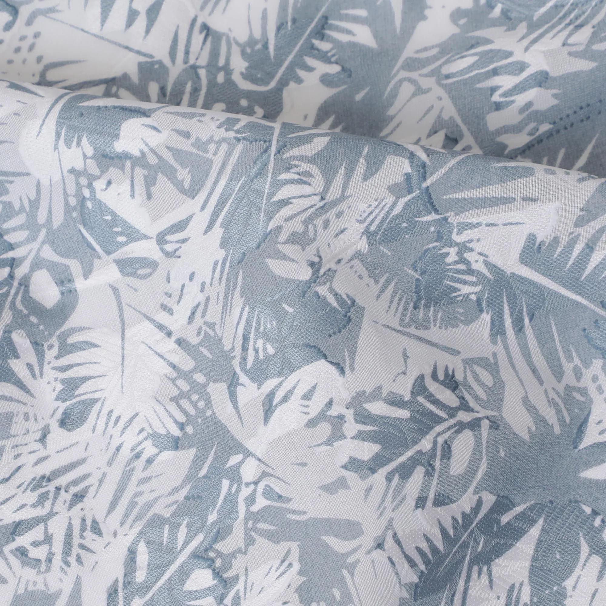 Uragiri Cotton Voile Fabric with jacquard, 110 cm Width, White and Blue Leaf Design-D19957