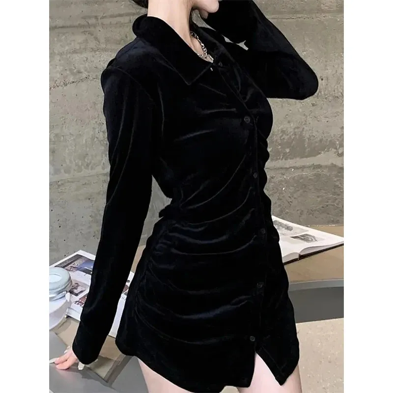 Vintage Shirts Women Black Velvet Pleated Blouses Korean Elegant Folds Turn Down Collar Long Sleeve Slim Chic Casual Tops