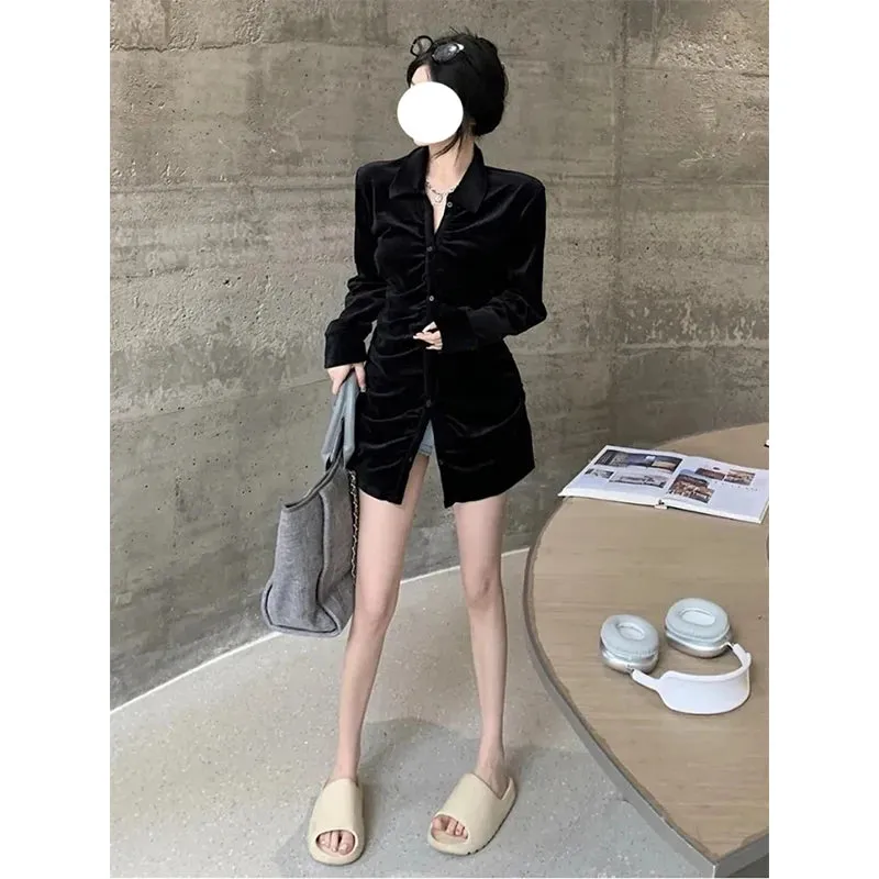 Vintage Shirts Women Black Velvet Pleated Blouses Korean Elegant Folds Turn Down Collar Long Sleeve Slim Chic Casual Tops