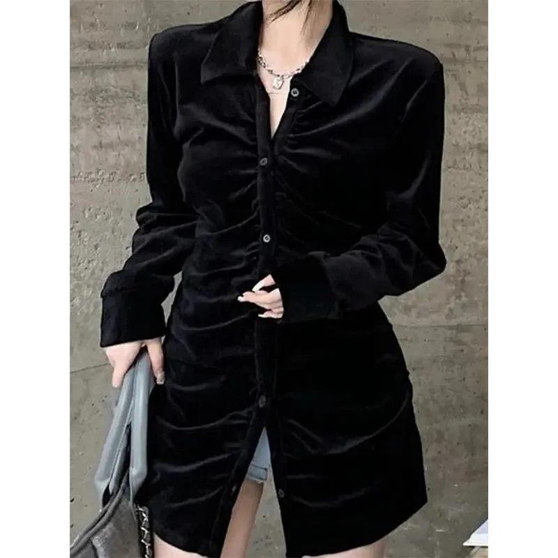 Vintage Shirts Women Black Velvet Pleated Blouses Korean Elegant Folds Turn Down Collar Long Sleeve Slim Chic Casual Tops