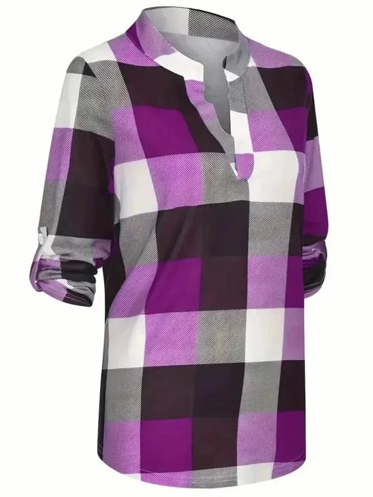 Women Spring Autumn Style Long Sleeve V-Neck Plaid Printed Blouse