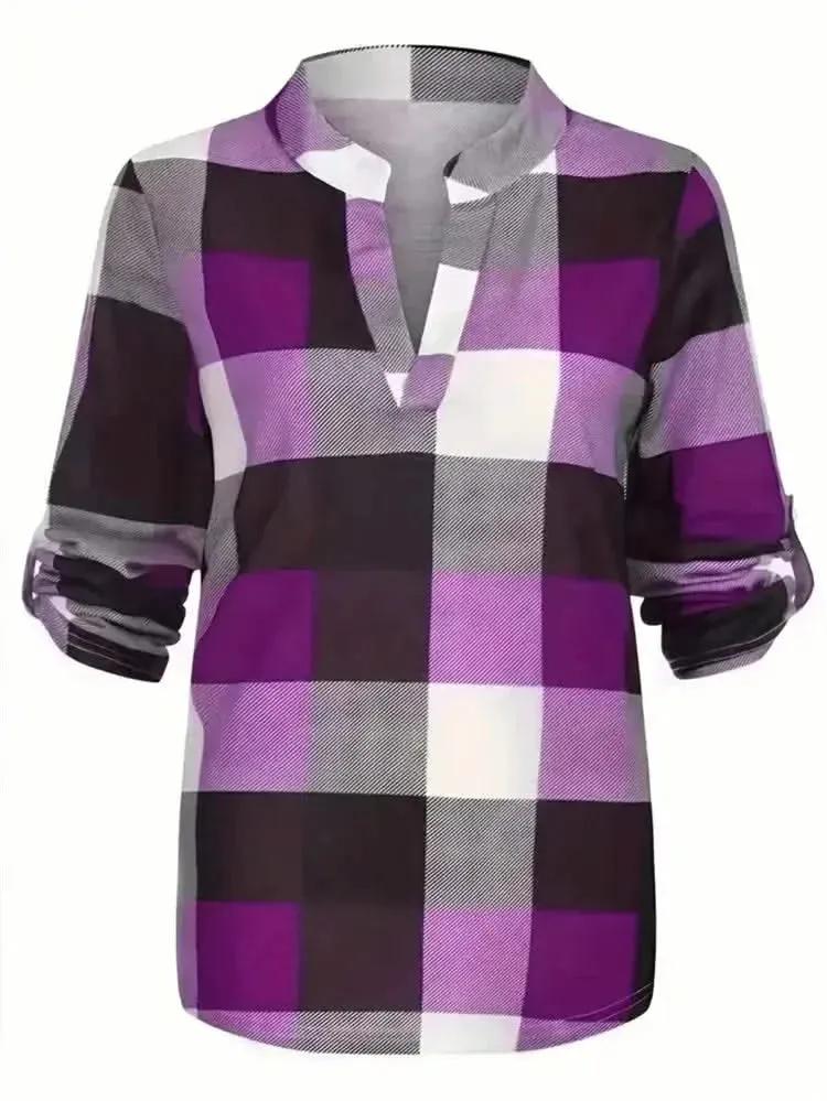 Women Spring Autumn Style Long Sleeve V-Neck Plaid Printed Blouse